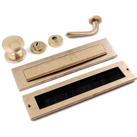 Hardbrass Roestvrijstalen Voordeurset Getrommeld Messing met Brievenbus SKG3 Links