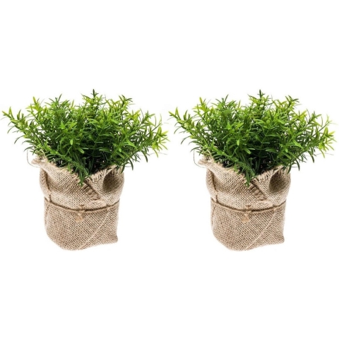 Kunstplant - Voordeelset van 5x stuks - Tijm Kruiden - Groen - In Jute Pot - 16 cm -