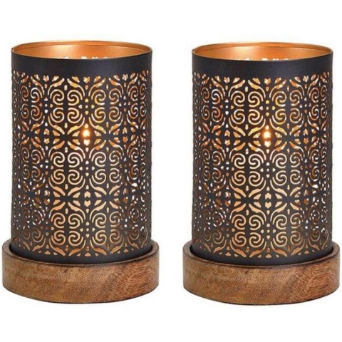 Waxinelicht/theelicht houders Maroc - 4x - koper/zwart - op houten voet - 18 x 10 cm -