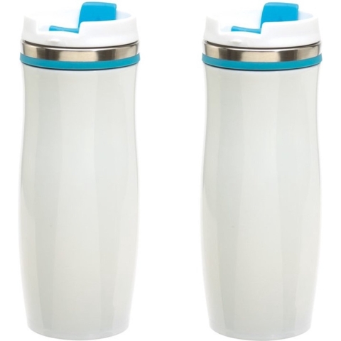 Set van 2x stuks rVS Warmhoudbeker/isoleerbeker winter wit met turquoise 400 ml -