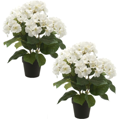Set van 2x stuks hortensia kunstplant in kunststof pot - wit - 40 cm - Hydrangea Macrophylla -