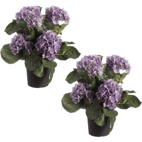 Louis maes Kunstplant - Set van 2x stuks - Hortensia hydrangea - paars - in pot - 44 cm - met bloeme -