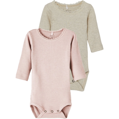 Name It Romper l/s - 2-pack - Rib - Noos - NbmKab - Peyote Melan - Name It - 74 - Romper L/S