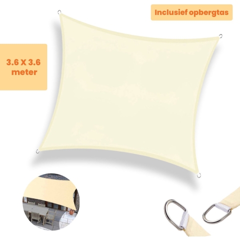 Goliving Schaduwdoek - Vierkant zonnezeil - Blokkeert 98% UV-straling - Creme wit - 3.6 x 3.6 meter