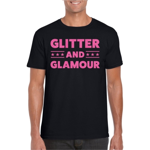 Verkleed T-shirt voor heren - glitter and glamour - zwart - roze glitter - carnaval/themafeest L -