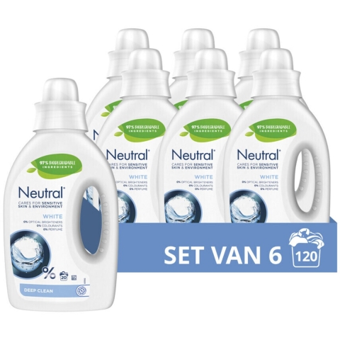 6x Neutral Vloeibaar Wasmiddel Wit 20 Wasbeurten 1 liter