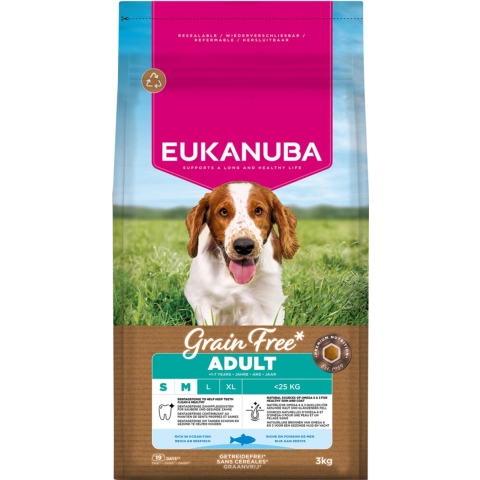 3x Eukanuba Hondenvoer Droog Grain Free Small/Medium Oceaanvis Adult 3 kg
