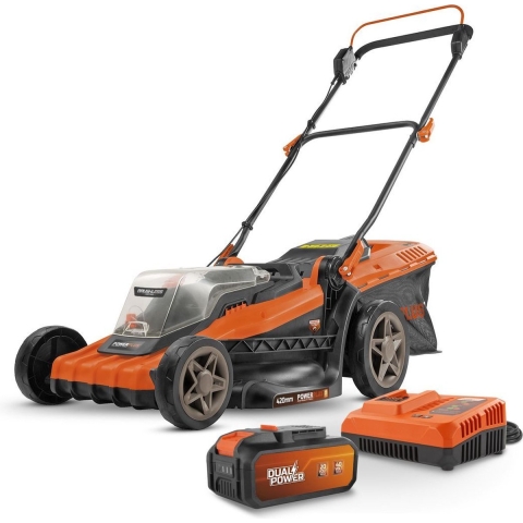 Powerplus Dual Power Accu Grasmaaier POWDPGLWS2 - 40 V, 420 mmØ grasmaaier, Incl. 2*20V batterij en oplader, met grasopvangbak en achteruitworp