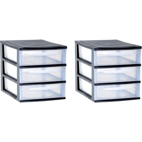 2x stuks ladenkast/bureau organizers zwart stapelbaar A4 met 3x lades L26 x B36 x H28 cm -