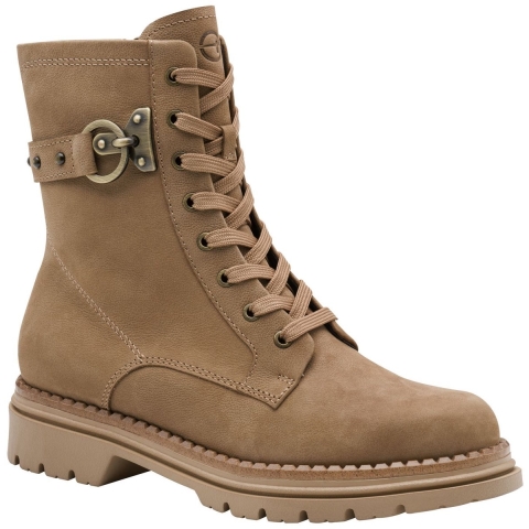 Tamaris Dames Fashion Camel Beige Leren Veterschoenen met Rits Combat Enkellaarsjes