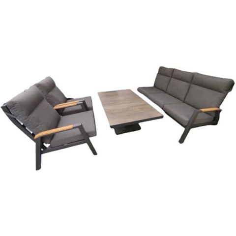 Carouge loungeset 4 delig teak antraciet hoge tafel Afmetingen: Loungebank L190 x B85 x H95, Fauteuil L71 x B85 x H95, Tafel L140 x B85 x H77 Driesprong Collection. - Driesprong collection