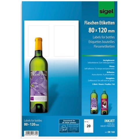Sigel DE160 Flesetiketten 80 x 120 mm Papier Wit 20 stuk(s) Permanent hechtend Inkjet