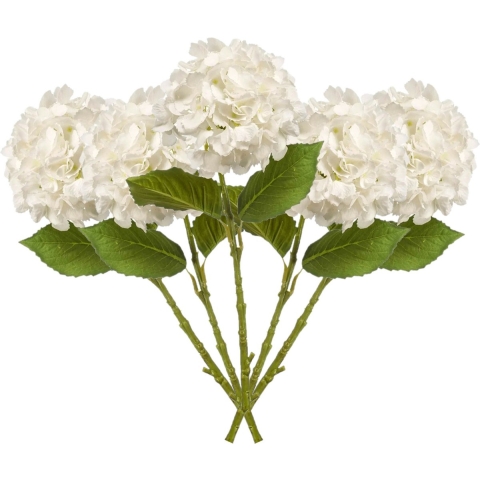 Kunstbloem Hortensia tak - 5x - 52 cm - wit - Real Touch - hydrangea - kunst zijdebloemen -