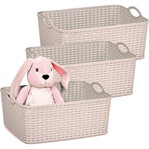Opbergmand/kastmandje - 3x - 11 liter - taupe - gevlochten kunststof - 35 x 28 x 16 cm -