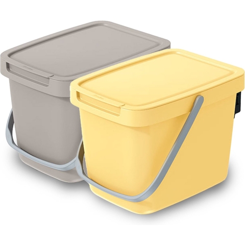 GFT aanrecht afvalbakjes set - 2x - 6L - beige/lichtgeel - 20 x 26 x 20 cm - klepje/hengsel -