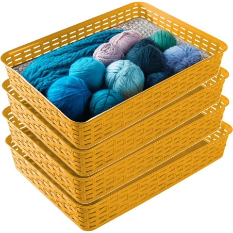Opbergmandje/kastmandje - 4x - okergeel - 4.5 liter - kunststof - 26 x 35 x 6 cm - ladeverdelers -