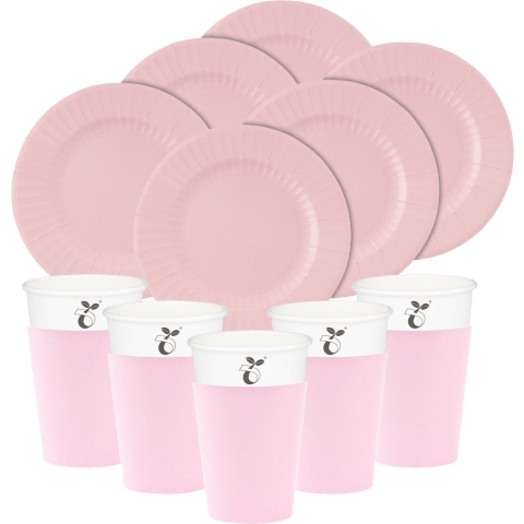 Feest/verjaardag BBQ bordjes/bekertjes set - 32-delig - lichtroze - rond - papier/karton -