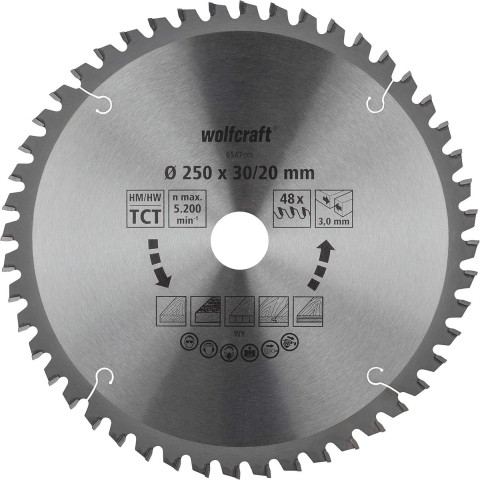 Wolfcraft Kap- en verstekzaagblad | HM | 48 Zähne | Ø250mm | 1 stuk - 6547000