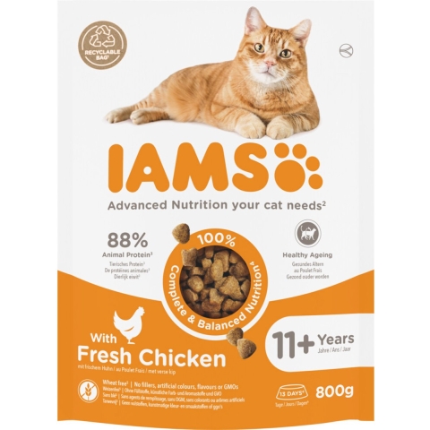 4x IAMS Cat senior 11+ Kattenvoer Chicken 800 gr