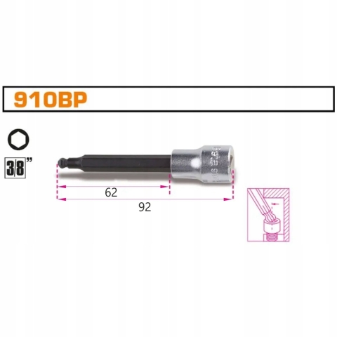 Beta Dopsleutels met kogelkopaansluiting voor binnenzeskant schroeven met 3/8" aandrijfvierkant verchroomd - gebruneerde inzetstukken 910BP 8L -