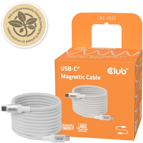 Club 3D USB-C Magnetic-Coil 240W PD3.1 White Cable, 2 meter kabel