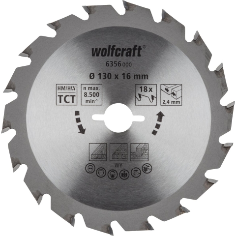 Wolfcraft 6356000 Hardmetaal-cirkelzaagblad 130 x 16 mm Aantal tanden: 18 1 stuk(s)