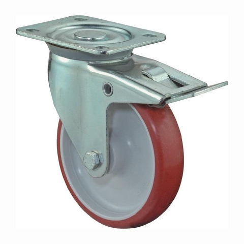BS Rollen Zwenkwiel | wiel d. 125 mm draagvermogen 150 kg | met totale rem van polyurethaan | 104x80 mm rood | 1 stuk - L420.B31.125 L420.B31.125