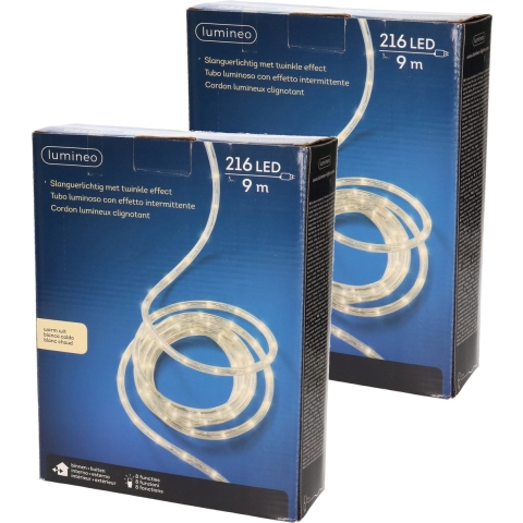 Set van 2x stuks lichtslang/slangverlichting warm wit 9 meter met twinkel effect 216 lampjes -