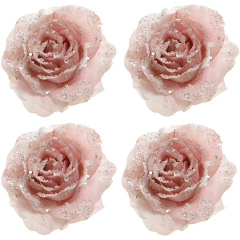 4x stuks kerstboom decoratie rozen poeder roze 14 cm -