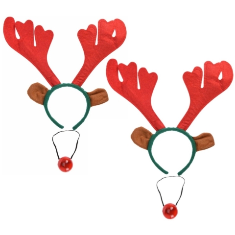 Set van 6x stuks rendier gewei met lichtgevende neus -