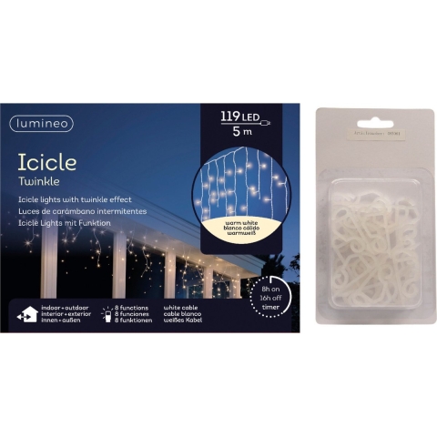 IJspegel verlichting warm wit buiten 119 lampjes met dakgoot haakjes -