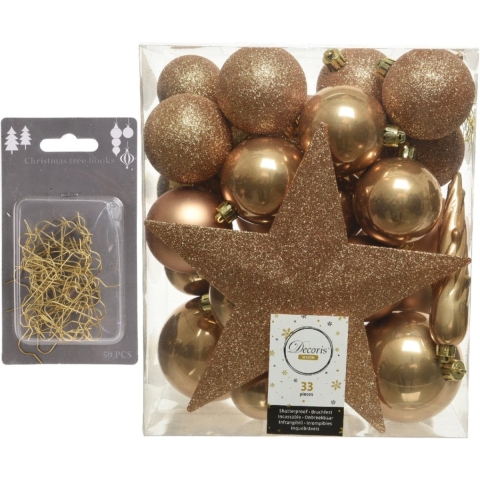 33x stuks kunststof kerstballen 5, 6 en 8 cm camel bruin inclusief ster piek en kerstbalhaakjes -