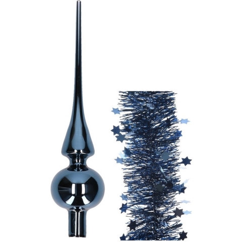 Kerstversiering glazen piek glans 26 cm en sterren folieslingers pakket donkerblauw van 3x stuks -