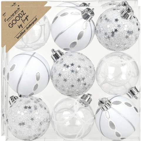 Gedecoreerde kerstballen - 18x st - 6 cm - kunststof - zilver/wit -