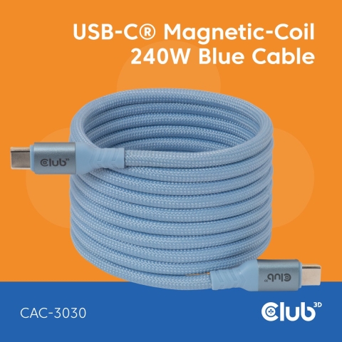 Club 3D USB-C Magnetic-Coil 240W PD3.1 Blue Cable, 2 meter kabel