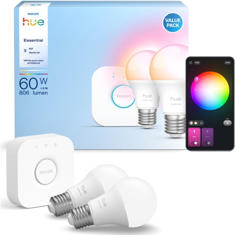 Philips Hue Essential Starter Kit - wit and Color Ambiance - E27 - 2 Pack + Hue Bridge - Wit