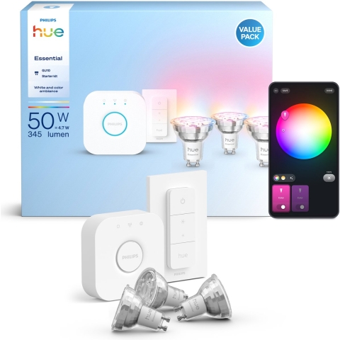 Philips Hue Essential Starter Kit - wit and Color Ambiance - GU10 - 3 Pack + Hue Bridge + Dimmer Switch - Wit