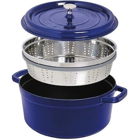 Staub braadpan - cocotte 26cm, 5,2L, blauw met stoominzet