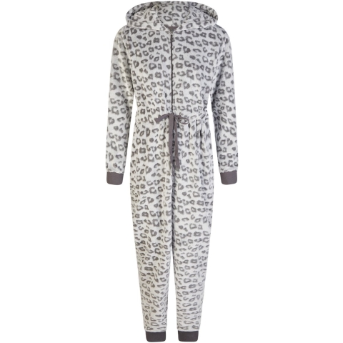 By Louise Dames huispak onesie fleece grijs panterprint