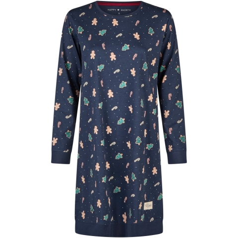 Happy Shorts Dames kerst nachthemd lange mouw donkerblauw gingerbread