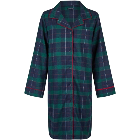 Happy Shorts Dames nachthemd lange mouw flanel donkerblauw/groen geruit