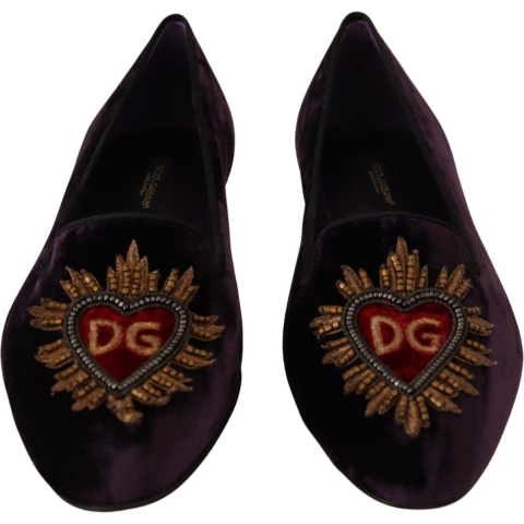 Dolce & Gabbana Dames Paarse Fluwelen DG Hart Instappers Flats Schoenen