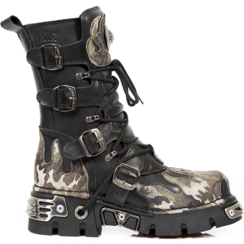 New Rock Flame geaccentueerde leren motorlaarzen met camouflagemotief - M-591-S15