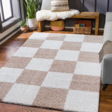 Muratap Milano geblokt hoogpolig vloerkleed modern creme- 60x110 cm