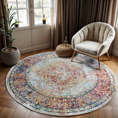 Muratap Picasso keshan vintage rond vloerkleed multi / beige laagpolig-