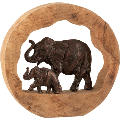 J-Line Figuur olifant en kind mango hout aluminium bronze large
