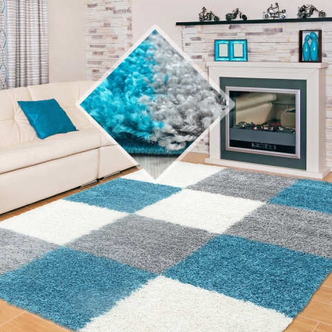 Muratap Basic shaggy geblokt vloerkleed turquoise / wit hoogpolig- 80x250