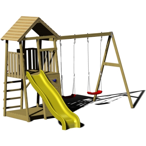 Wendi Toys Houten speeltoren pinguïn glijbaan, klimwand en 2 schommels