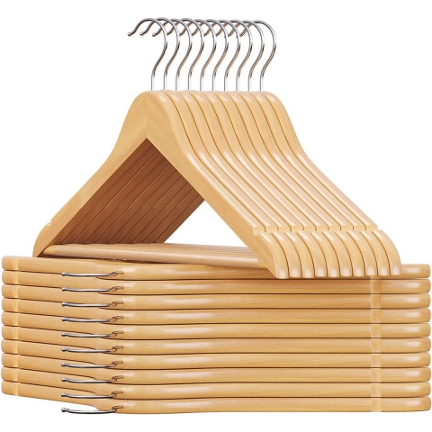 CaliCosy Set van 20 houten eucalyptus kleerhangers met schouderinkepingen, broekstang en