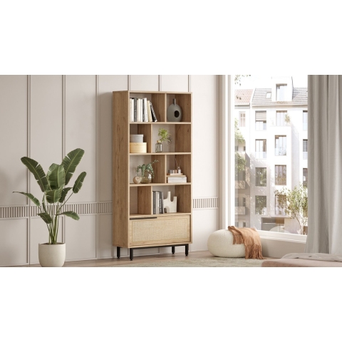 CaliCosy Rek 9 planken en 1 deur, eikenhouten decor en rotanprint h175,6 cm